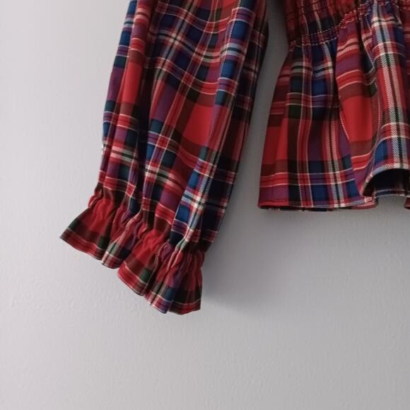 Tanya Taylor Smocked Crop Blouse Red Multi 2 - Picture 7 of 10